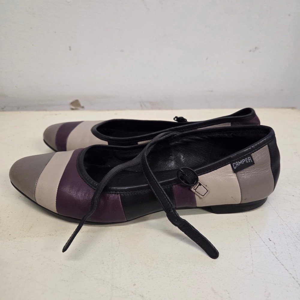 Camper Leather Mary Jane Flats Colorblock Purple Black Grey EU 38 Womens Shoes